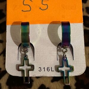 NWOT: SS Rainbow Cross Hoop Earrings